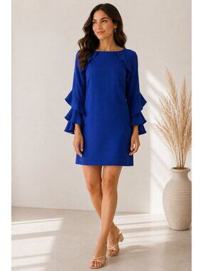 Halston Women Size 6 Blue Ruffle Sleeve Shift Dress Cocktail Party Elegant